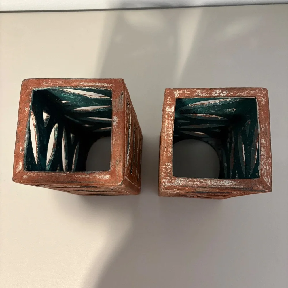Terracotta Geometric Lattice Candle Lanterns Pair Rustic Teal Interior 10.5in